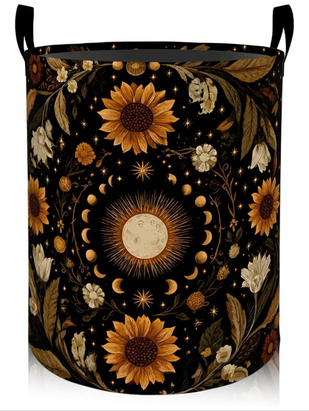 Celestial Sunflower Laundry Basket - Black & Gold Floral Moon Design